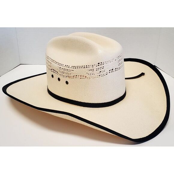 MoksMan 100X Bangora Western Cowboy Hat SZ 7 Legendary Hats Ivory Woven w/ Black - Picture 7 of 16